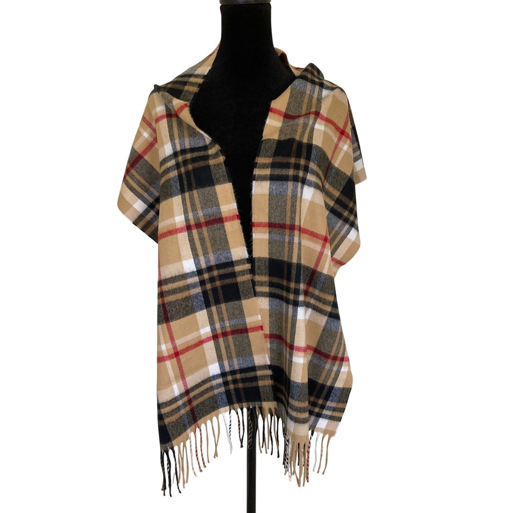 Tan Plaid Cashmere Feel Acrylic Fringed Shawl Wrap Scarf Made in Korea
